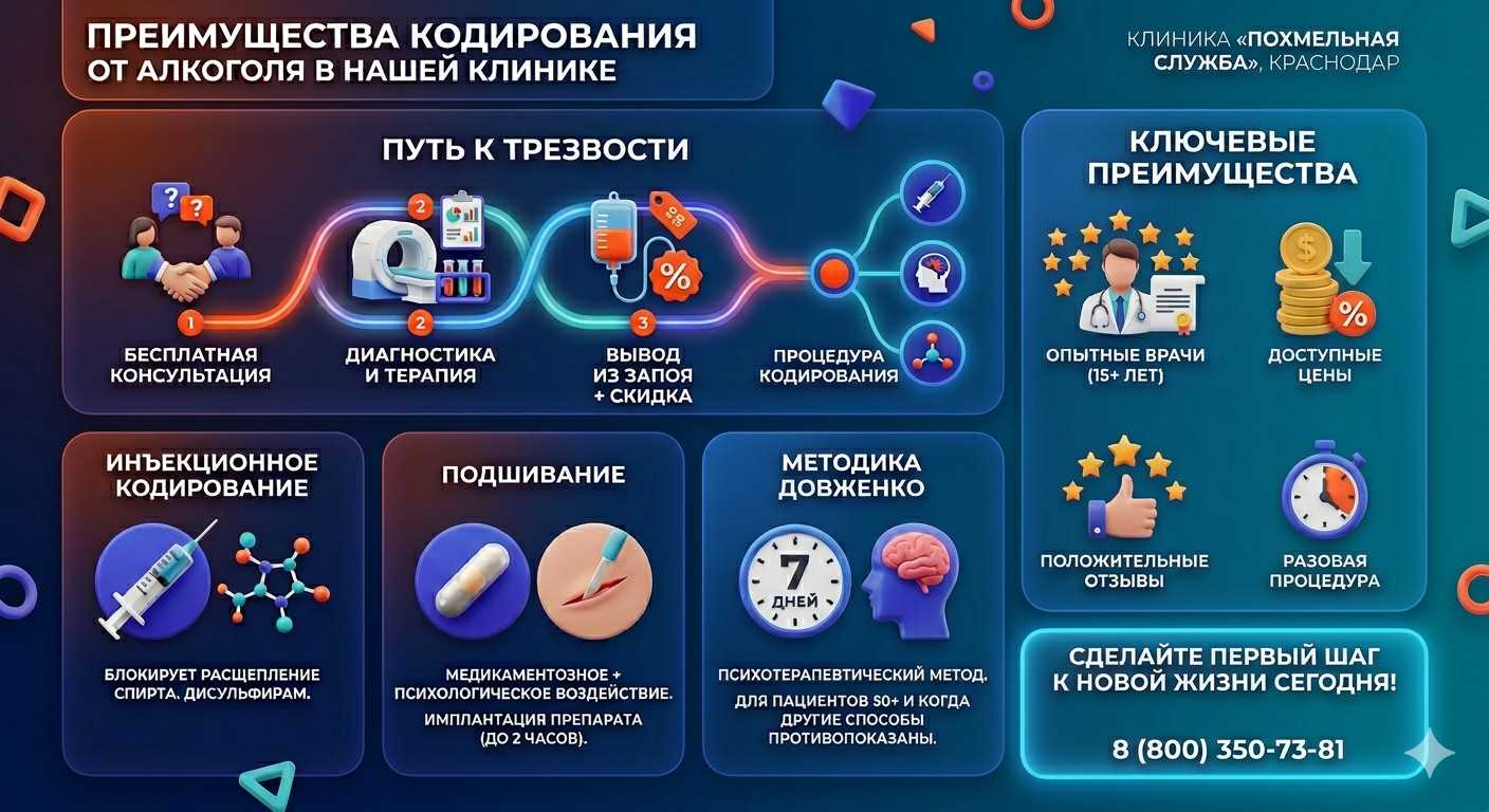 Инфографика о методах кодирования от алкоголя в Кашире: инъекции, подшивание, метод Довженко. Преимущества клиники и этапы лечения.