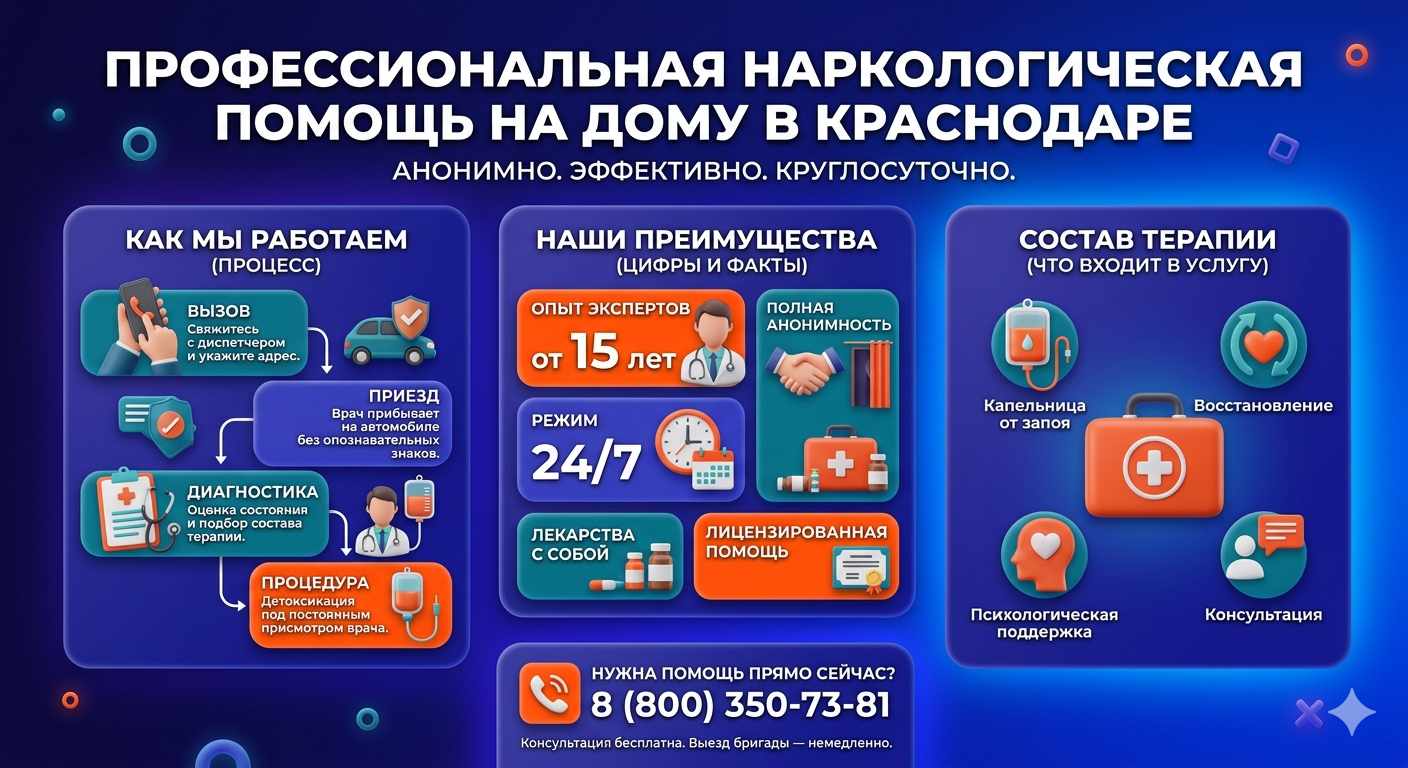 Инфографика о принципах лечения алкоголизма на дому в Кашире: этапы вызова нарколога, преимущества анонимной детоксикации и состав медицинской помощи.